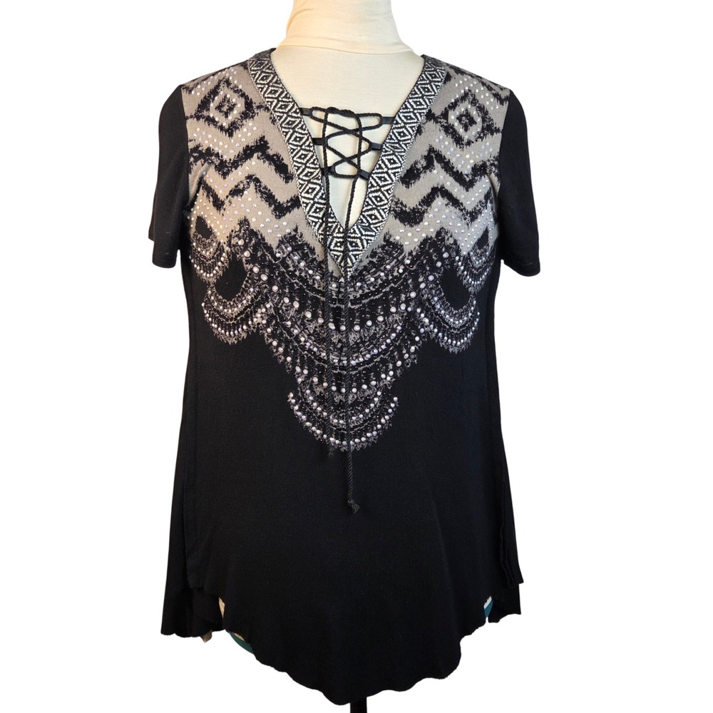 Vocal Black Embellished Lace Up Tunic Top Rhinestone Detail Short Sleeve Small